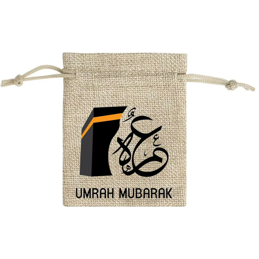 5er Set Eid Mubarak Geschenktaschen aus Jute in Beige, B/H: 13 x 18 cm, Dekoration für Ramadan, Umrah und Al Adha - Bild 2