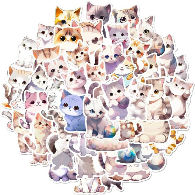 50 Aquarell Katzenaufkleber Niedliche Cartoon Tier Katzenkopf - Bild 1