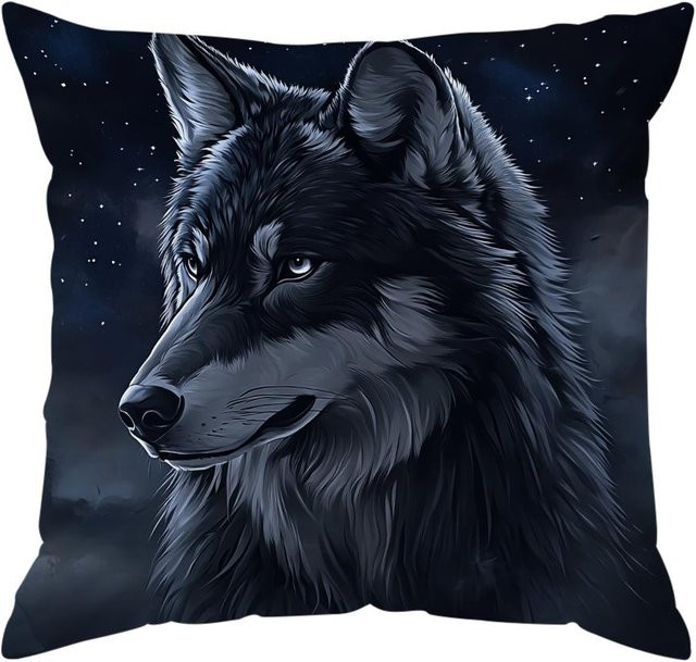 JMG Clothing Dekokissen mit Wolfsmotiv in Schwarz aus Polyester, B/B: 45 x 45 cm - Bild 1