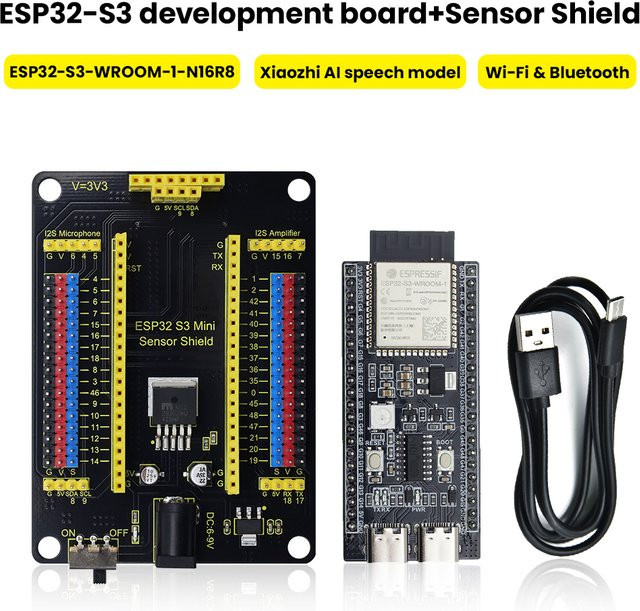 Keyestudio ESP32-S3 Mini Entwicklungsboard Set mit N16R8, 44-Pin Shield und USB-C Kabel, Schwarz - Bild 1