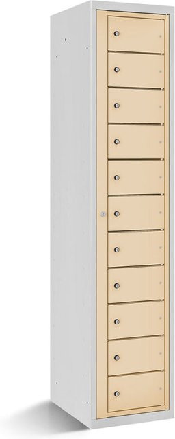 rotstahl Fächerschrank mit Zentraltür und 11 Fächern in Elfenbein mit lichtgrauem Korpus, B/T/H: 40 x 50 x 180 cm - Bild 1