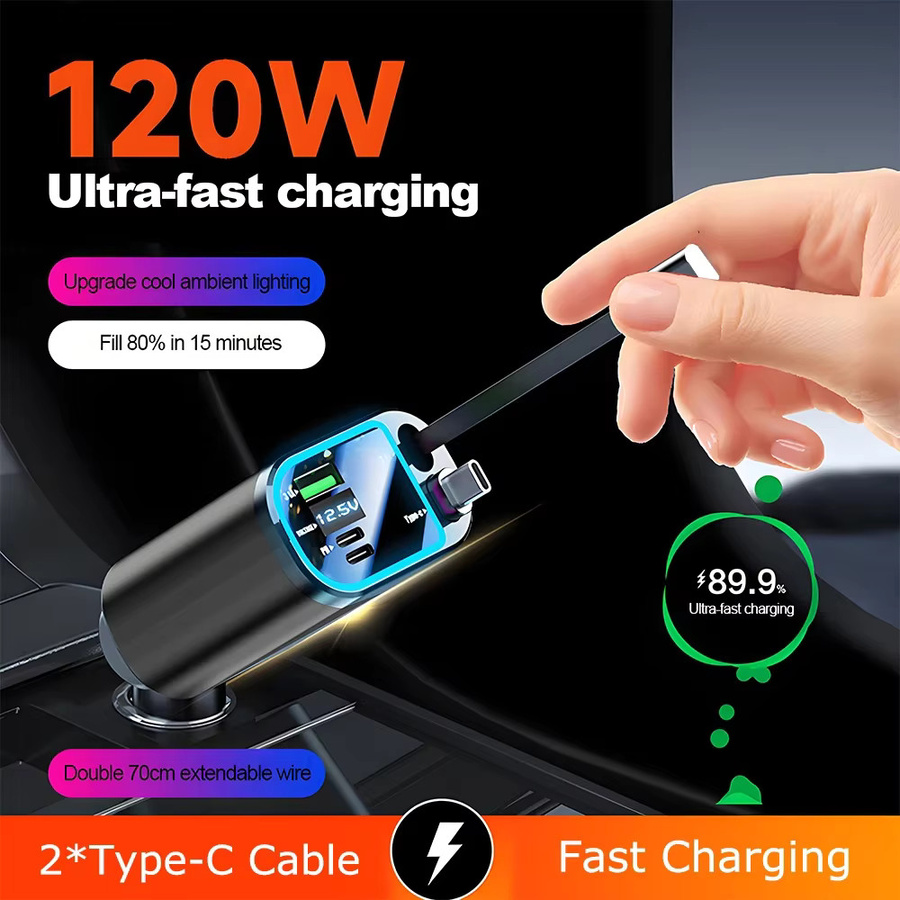 KEBETEME 150W Auto-Ladegerät mit einziehbarem USB-C PD Schnellladekabel in Schwarz für Samsung und Huawei als Universal Zigarettenanzünder-Adapter - Bild 2