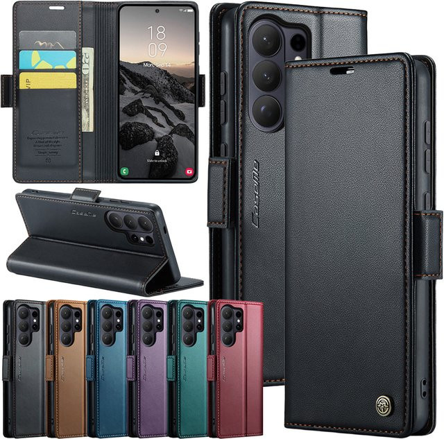 Leder Flip Case mit Wireless Charging und Kickstand für Samsung Galaxy S26 Ultra S25 Edge S24 FE S23 Ultra S22 S22U in Schwarz - Bild 1