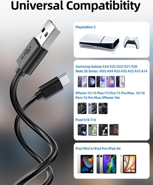 Gryan USB Typ C Ladekabel in Schwarz für Nintendo Switch, OLED, Lite und PS5 Controller, Hochgeschwindigkeits-Datenkabel für Xbox Serie und Smartphone, Länge: 1m bis 3m - Bild 1