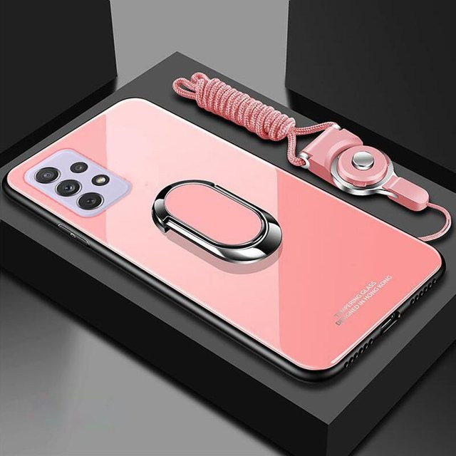 Handyhülle aus gehärtetem Glas für Samsung Galaxy A71 4G mit Magnetringhalter, Ständer und Lanyard in Rosa - Bild 1