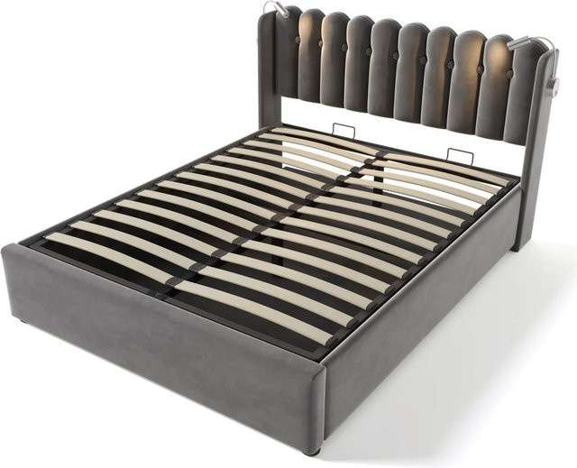 okwish Polsterbett Grau mit Leselicht, USB-Ladeanschluss und Stauraum, B/T/H: 140 x 200 x 145 cm - Bild 1