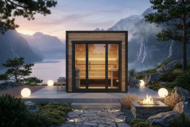 Moderne Gartensauna Sogne von Hansagarten24 aus Thermokieferholz in Braun, B/T/H: 3 x 2 m - Bild 1