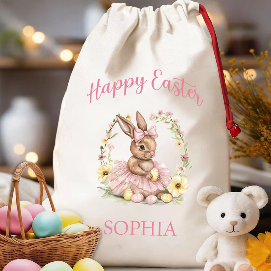 Personalisierter Oster-Geschenkbeutel aus Baumwolle mit Namen und Frühlings-Schleife, B/H: 30 x 40 cm - Bild 2
