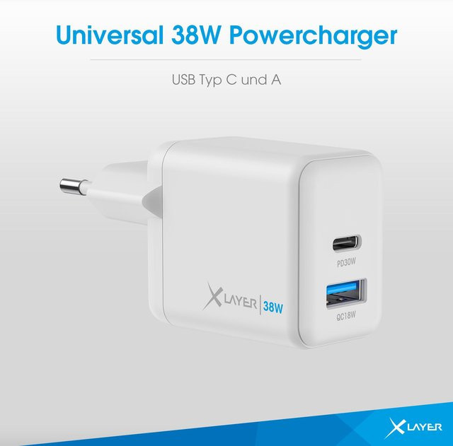 XLayer Universal 38W USB Powercharger mit USB-C und USB-A in Weiß - Bild 1