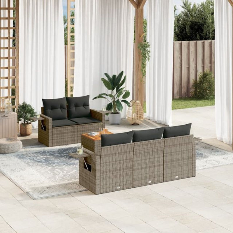 Vidaxl Gartenmöbel-Set aus Polyrattan und Akazie mit Kissen, 6-teilig, Grau - Bild 1