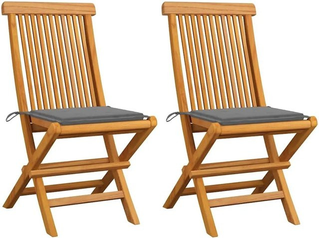 vidaXL Gartenstühle aus Teakholz mit grauen Kissen, 2er Set, braun - Bild 1