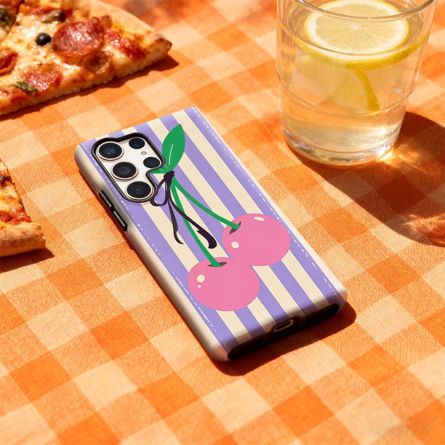 Potdemiel Handyhülle mit rosa Kirschen auf Streifen für Samsung Galaxy S25 Ultra, S24 und S23 Ultra Plus in Pink und Multicolour mit glänzender doppellagiger Rückseite - Bild 3