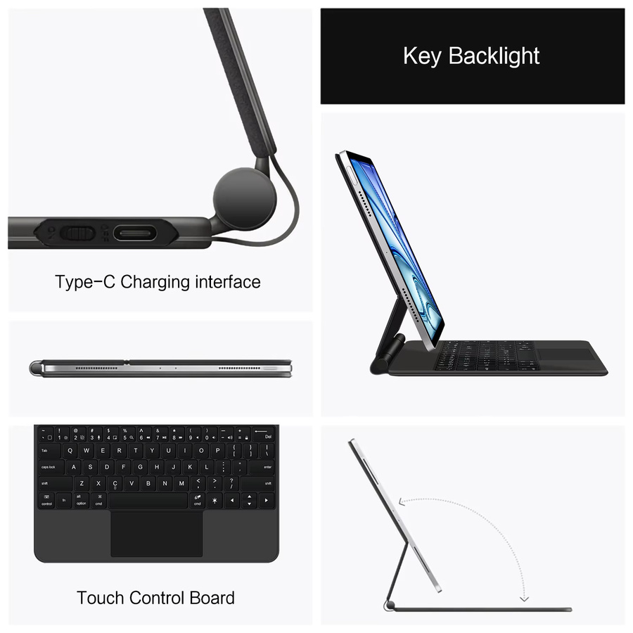 AJIUYU Magnetische Magic Keyboard Hülle für iPad Air 13 Zoll M4 M3 M2 und iPad Pro 12,9 Zoll 3. bis 6. Generation mit Touchpad und beleuchteter Tastatur, Schwarz - Bild 4