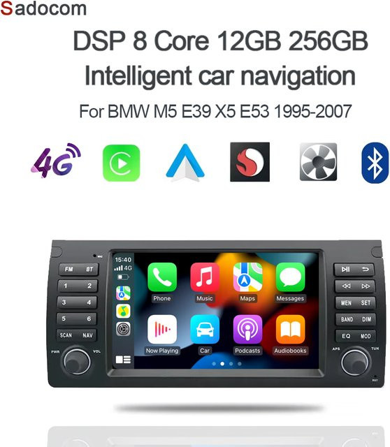 Sadocom Android 14.0 Autoradio mit 8 Zoll Display, 8GB RAM + 128GB Speicher, CarPlay, GPS, WiFi, Bluetooth 5.0 und TPMS für BMW M5 E39 X5 E53 (1995-2007), Schwarz - Bild 1