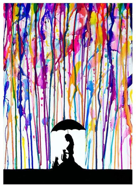 Abstrakter Liebhaber mit Regenschirm unter buntem Regen, modernes Ölgemälde auf Leinwand von DIMENGQI, Wandkunst für dein Wohnzimmer, B/H: 50 x 75 cm, Mehrfarbig - Bild 1