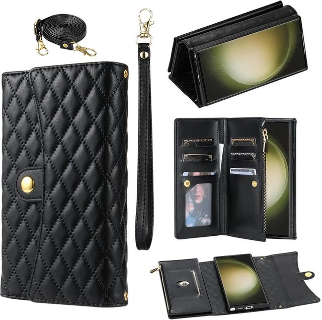 Leder Klapphülle mit Lanyard und Geldbörse für Samsung Galaxy S25 Ultra S24 Plus S23 S22 S21 S20 Note20 Ultra in Schwarz - Bild 1