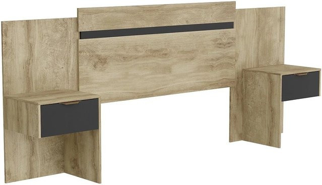 Vente-unique Bettkopfteil Parati in Schwarz und Naturfarben Hell mit integrierten Nachttischen und Schubladen, B: 252 cm, H: 232 cm - Bild 1