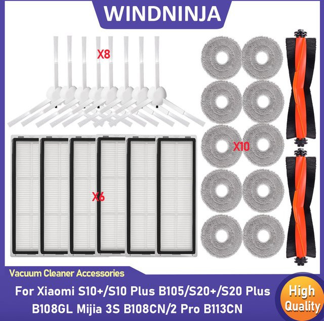 Xiaomi Ersatzteil-Set für Roboterstaubsauger S10 Plus, S20 Plus, Mijia 3S und 2 Pro in Weiß bestehend aus Hauptbürste, Seitenbürste, Filter und Wischtüchern - Bild 1