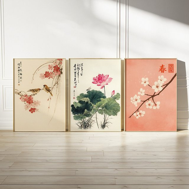 3-teiliges Set HALFLEMART Wandkunst-Poster Japanische Kirschblüten als Leinwanddruck in Pink und Multicolour mit floralem Frühlingsmotiv - Bild 1