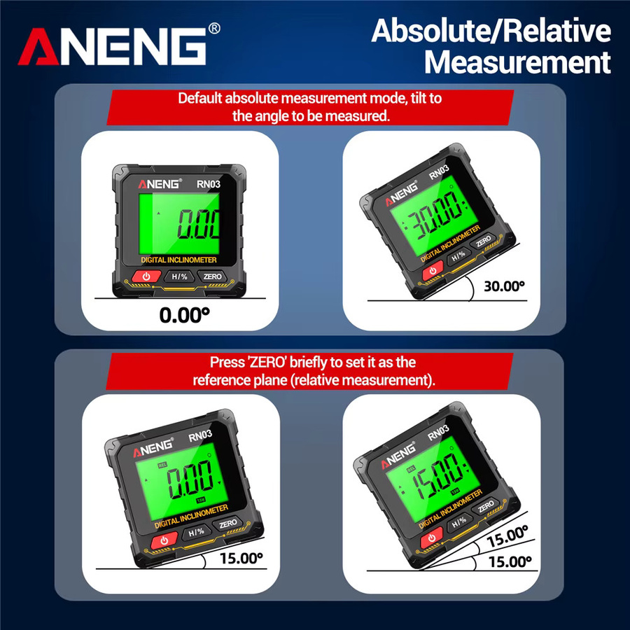 ANENG RN02/RN03 Laser-Digital-Neigungsmesser, magnetisches 4-seitiges Winkelmessgerät mit 360 Grad Rotationsmessung, Schwarz - Bild 4