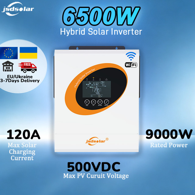 Jsdsolar Hybrid-Solarwechselrichter 6,5KW 48V mit MPPT 120A und 9000W PV 500VDC, Reine Sinuswelle, Dual-AC-Ausgang, integriertes WLAN, Farbe: Weiß - Bild 1