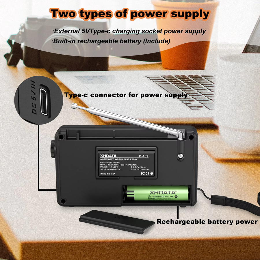 XHDATA D-109 Stereo Digitales Tragbares Radio in Schwarz mit AM, SW, MW, FM, Bluetooth und TF-Kartenspieler - Bild 3