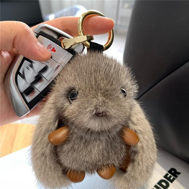 Rd lala Taschenanhänger Kaninchenfell-Pompon, Hase, grau, 15 cm - Bild 1