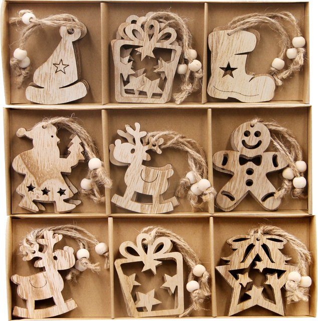 Tissy 12er Set Weihnachtsanhänger aus Holz mit Sternen, Hirschen und Bäumen in Naturholzfarben für DIY Dekorationen - Bild 1