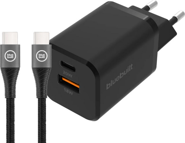 BlueBuilt Schnellladegerät mit zwei USB-Ports 38 W in Schwarz inklusive 1,5 m USB-C-Kabel - Bild 1