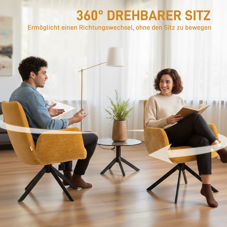 HOMCOM Drehbarer Loungesessel mit Armlehnen in Wolle-Leinenoptik, moderner Polsterstuhl mit Knopfheftung und Stahlbeinen für Wohnzimmer und Schlafzimmer, Schwarz Cremeweiß Gelb - Bild 4