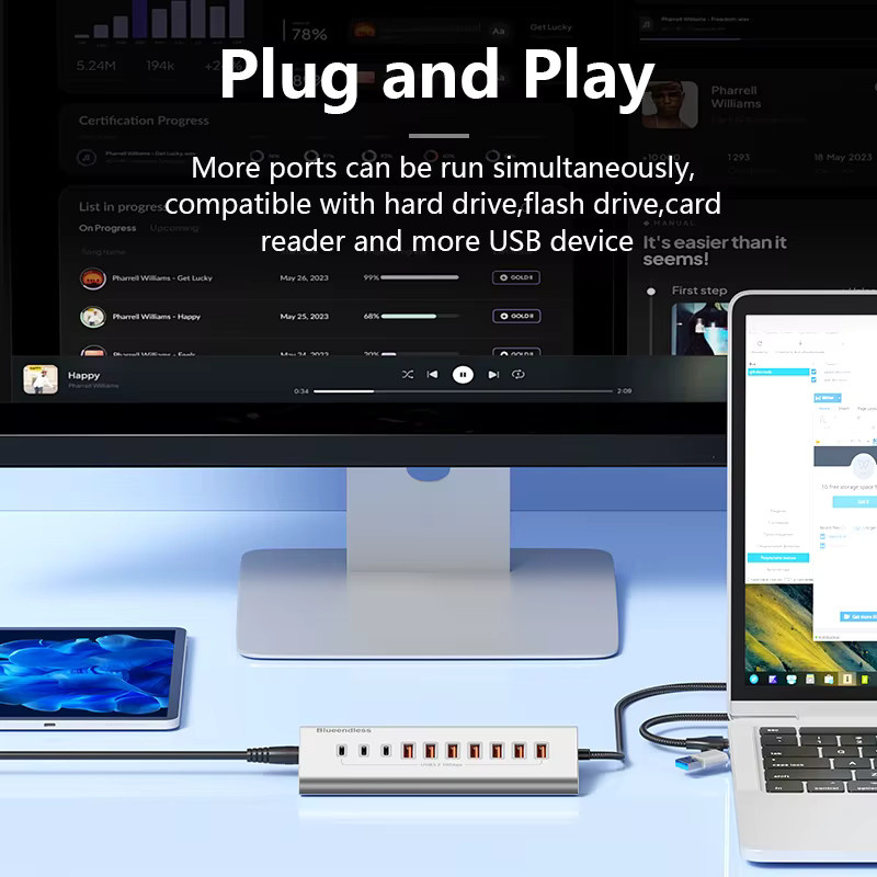 Blueendless Aluminium USB-C Hub 7-in-1 und 10-in-1 USB-A Splitter Adapter mit USB 3.2 Gen2 10Gbps in Silber für Laptop und MacBook - Bild 4