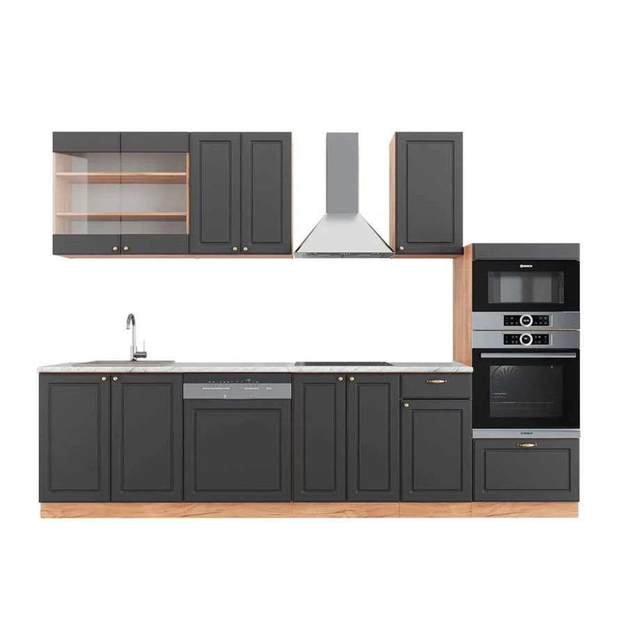 Vicco Fame-Line Küchenzeile Landhausstil in Anthrazit und Eiche mit Hochschrank und Marmor-Arbeitsplatte, Breite: 300 cm - Bild 2