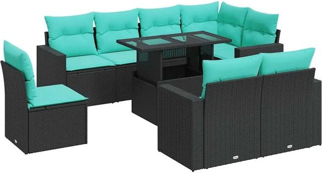 vidaXL 9-tlg. Garten-Sofagarnitur in L-Form aus schwarzem Poly-Rattan mit Kissen und pulverbeschichtetem Stahlgestell - Bild 1
