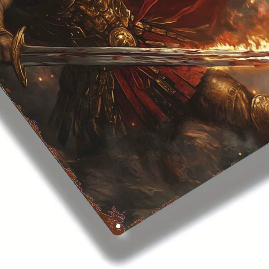 HELLOYOUNG Warrior Flame Gold Armor Metallschild, Rustikale Wandkunst im Vintage-Stil, B: 20,3 cm, H: 30,5 cm - Bild 4