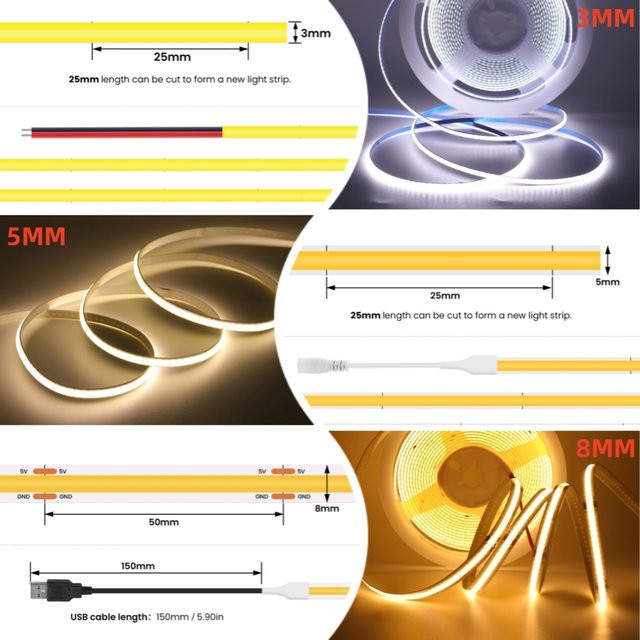 HEGEHE COB LED-Lichtleiste Ultra Dünn, 5V, Weiß, 120 LEDs/m, Flexible Lineare Beleuchtung via USB - Bild 1
