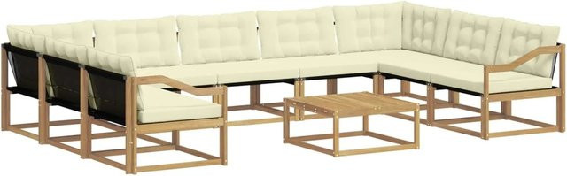 vidaXL Outdoor-Sofagarnitur in L-Form aus massivem Akazienholz mit Textilene und Kissen, 10-teilig, Weiß und Beige - Bild 1