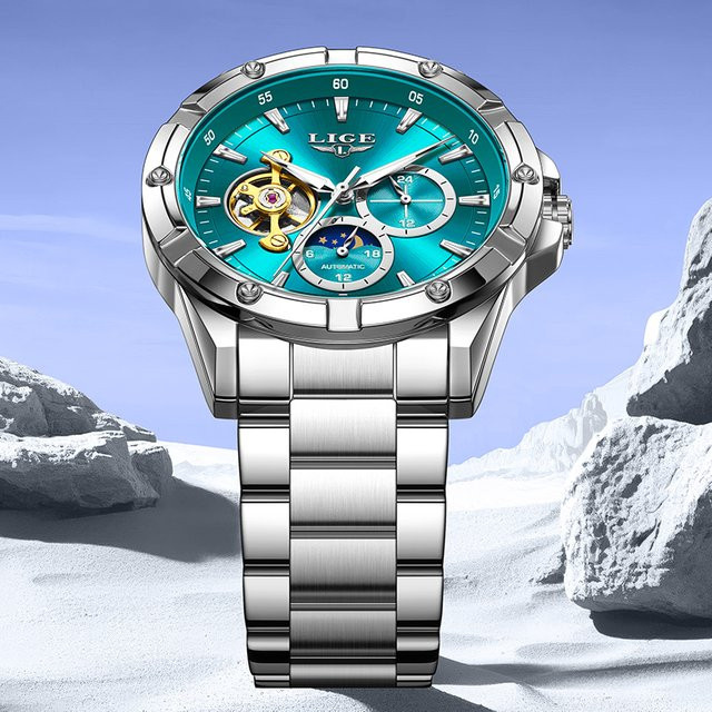 LIGE Armbanduhr Automatik, Edelstahl, Silber, Grün, Herren - Bild 1