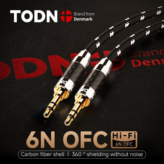 TODN 3,5mm Audiokabel mit 6N OFC-Kern und vergoldeten Steckern in Schwarz mit Kohlefaser-Gehäuse für Telefon, MP3 und Lautsprecher - Bild 1