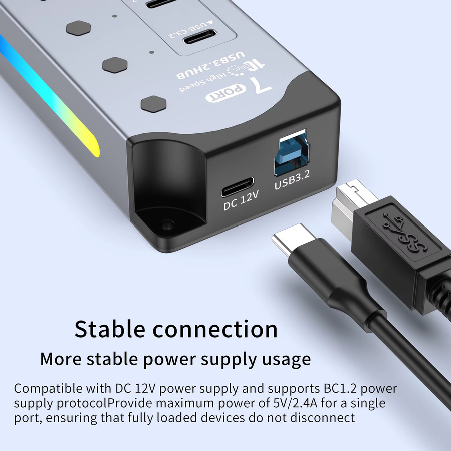 MOSHOU 7-Port USB 3.2 Hub mit USB-A und USB-C Ports, 10 Gbit/s Datenübertragung, Einzel-Schalter, Grau - Bild 5
