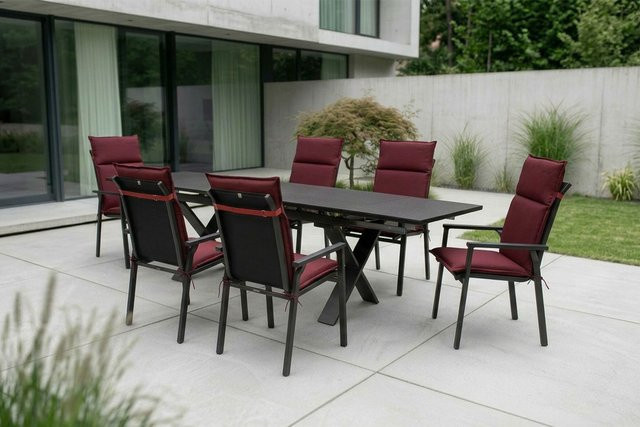 Kettler BasicPlus Pro Garten-Essgruppe aus Aluminium in Anthrazit und Bordeaux mit 6 Stapelsesseln und Polstern, ausziehbar, B/T/H: 180/280 x 100 cm - Bild 1