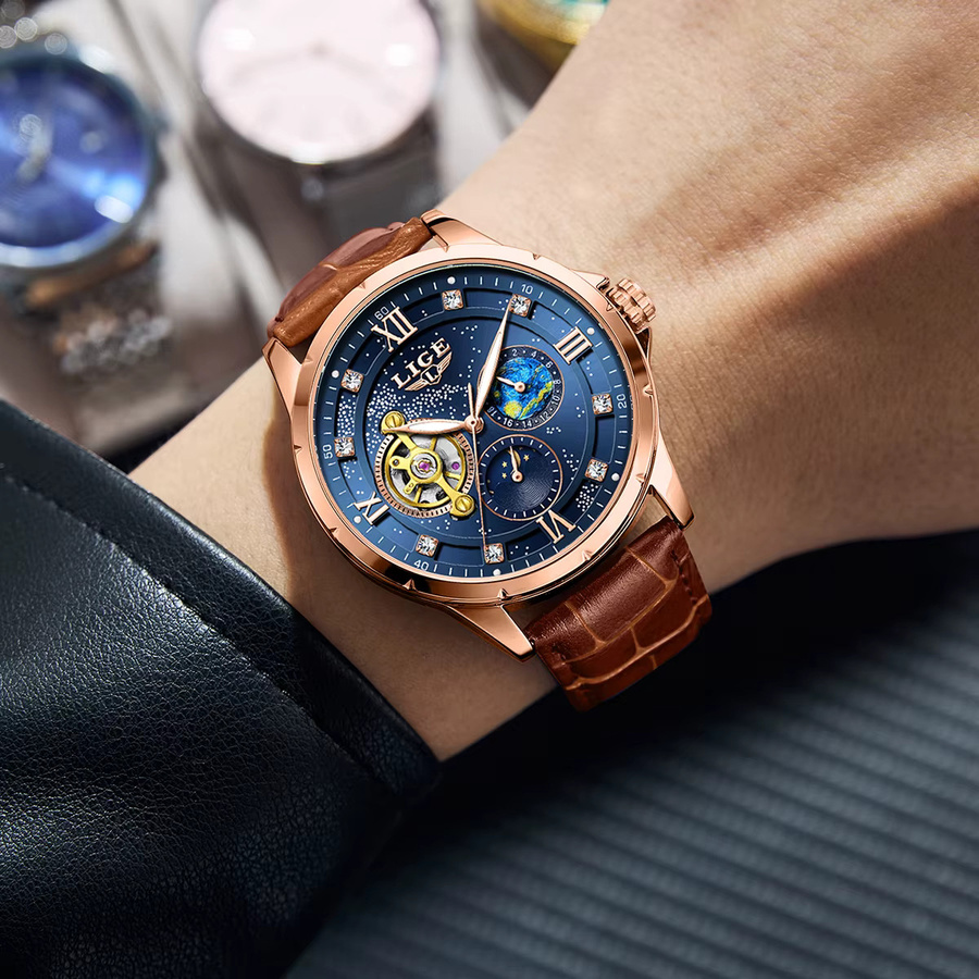 LIGE Herrenuhr, Automatik, Analoguhr, Blau, Roségold, Leder, Zirkonia - Bild 4