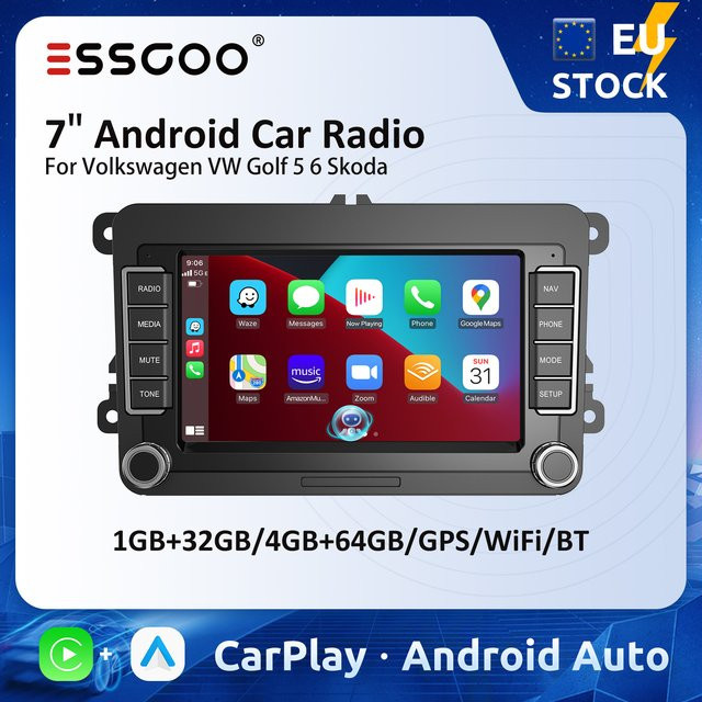 ESSGOO Android Autoradio mit 7 Zoll Display für Volkswagen VW Golf 5 6 und Skoda, Multimedia Player mit Carplay, GPS, 4GB RAM und 64GB Speicher, Schwarz - Bild 1