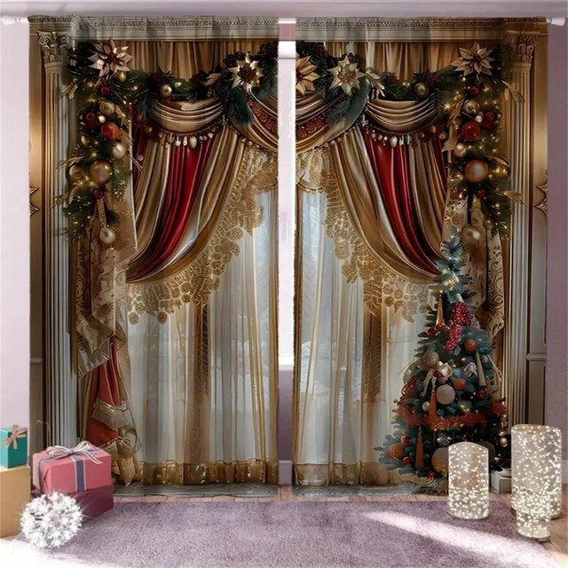 Yiran Furniture Weihnachtsdekoration Vorhänge Set mit Haken, Digitaldruck, Mehrfarbig, B: 50 cm, H: 130 cm, 2 Stück - Bild 1