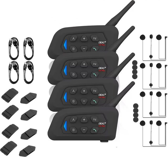 EJEAS V4 Plus Bluetooth Motorrad Helm Intercom Set mit Voll Duplex und FM Radio, 4er Pack, Schwarz - Bild 1