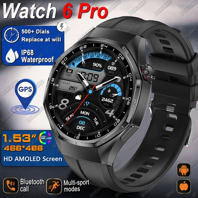 BOXUXING Watch 6 Pro GPS Smartwatch für Herren in Schwarz mit AMOLED-Bildschirm, Bluetooth-Anruf und IP68 Wasserdichtigkeit - Bild 1