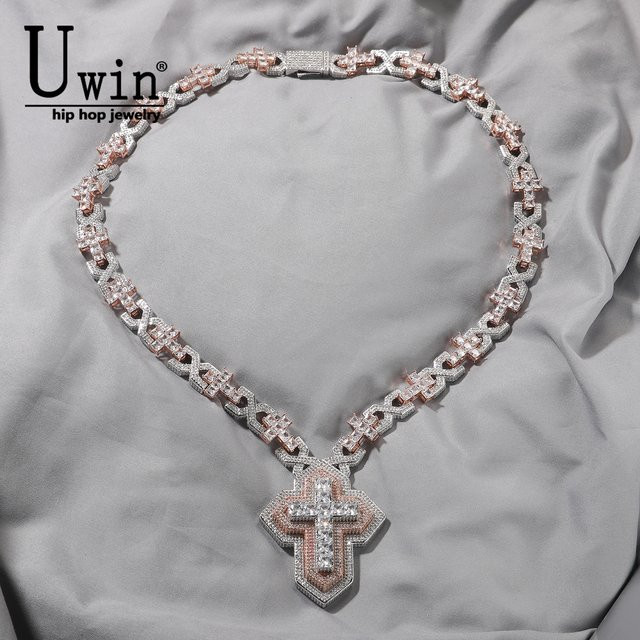 Uwin Halskette, Kreuz Anhänger, Zirkonia, Messing, Bicolor, Unisex - Bild 1