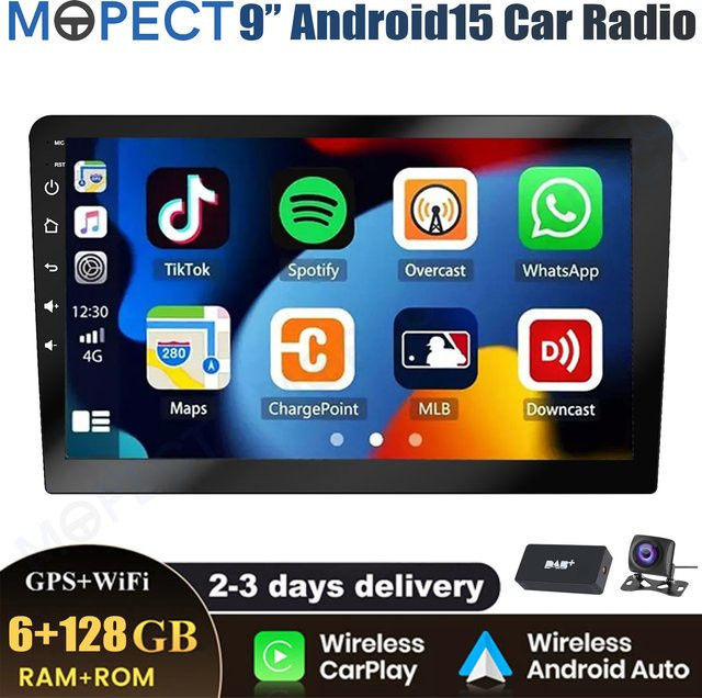 MOPECT 9-Zoll Universal 2DIN Autoradio mit Android 15, 6GB RAM + 128GB Speicher, CarPlay, GPS-Navigation, DAB und AHD Touchscreen in Schwarz - Bild 1