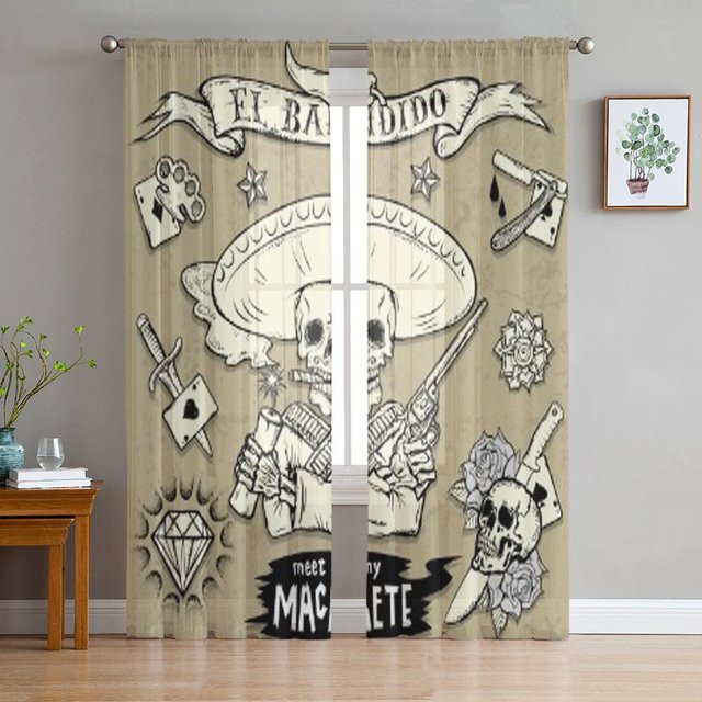 Super Six Transparente Chiffon Vorhänge mit Old School Tattoo-Motiven in Weiß, B: 135 cm, H: 114 cm - Bild 1