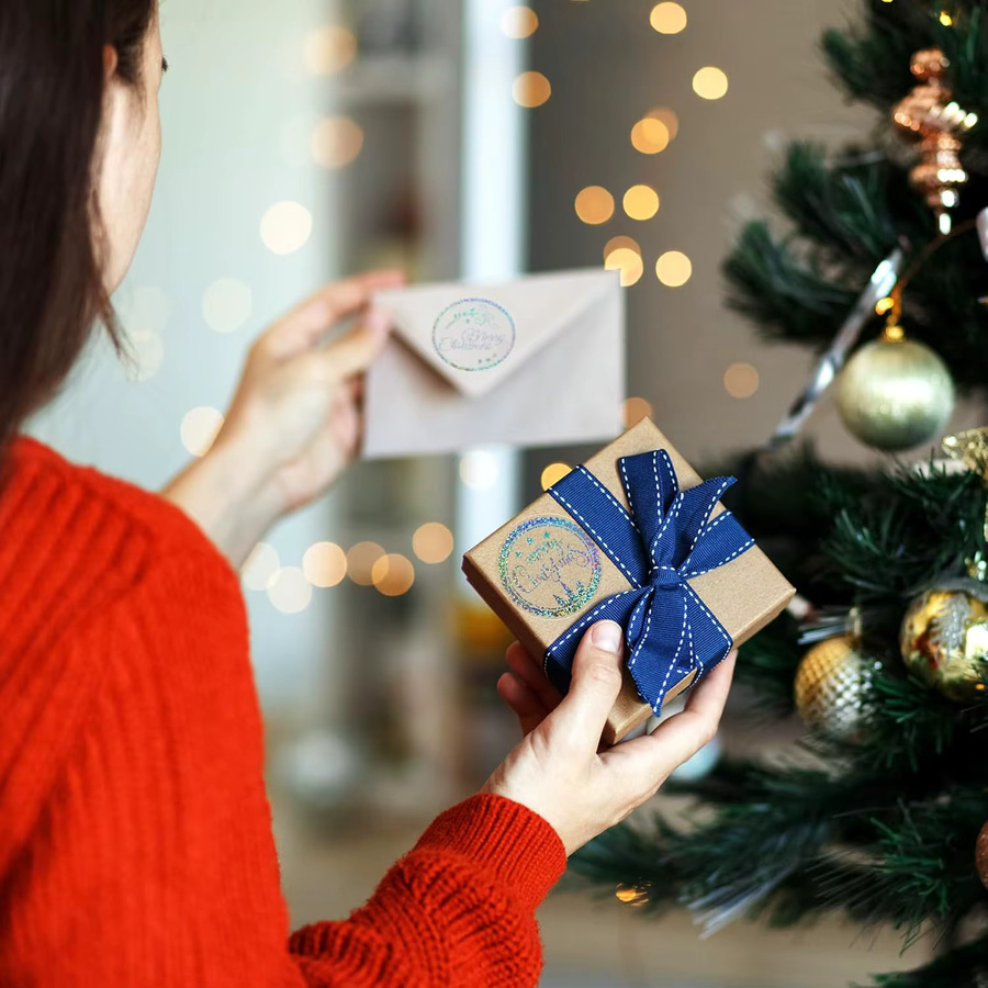 500 Stück Frohe Weihnachten Aufkleber von TYFYO mit Schneeflockenelementen, Durchmesser: 2,5 cm, Mehrfarbig - Bild 5