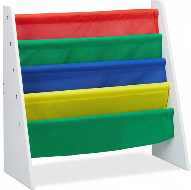 Relaxdays Kinder Bücherregal aus MDF und Metall in Weiß und Bunt mit 4 Stofffächern, B: 60 cm, H: 61,5 cm, T: 28,5 cm - Bild 1